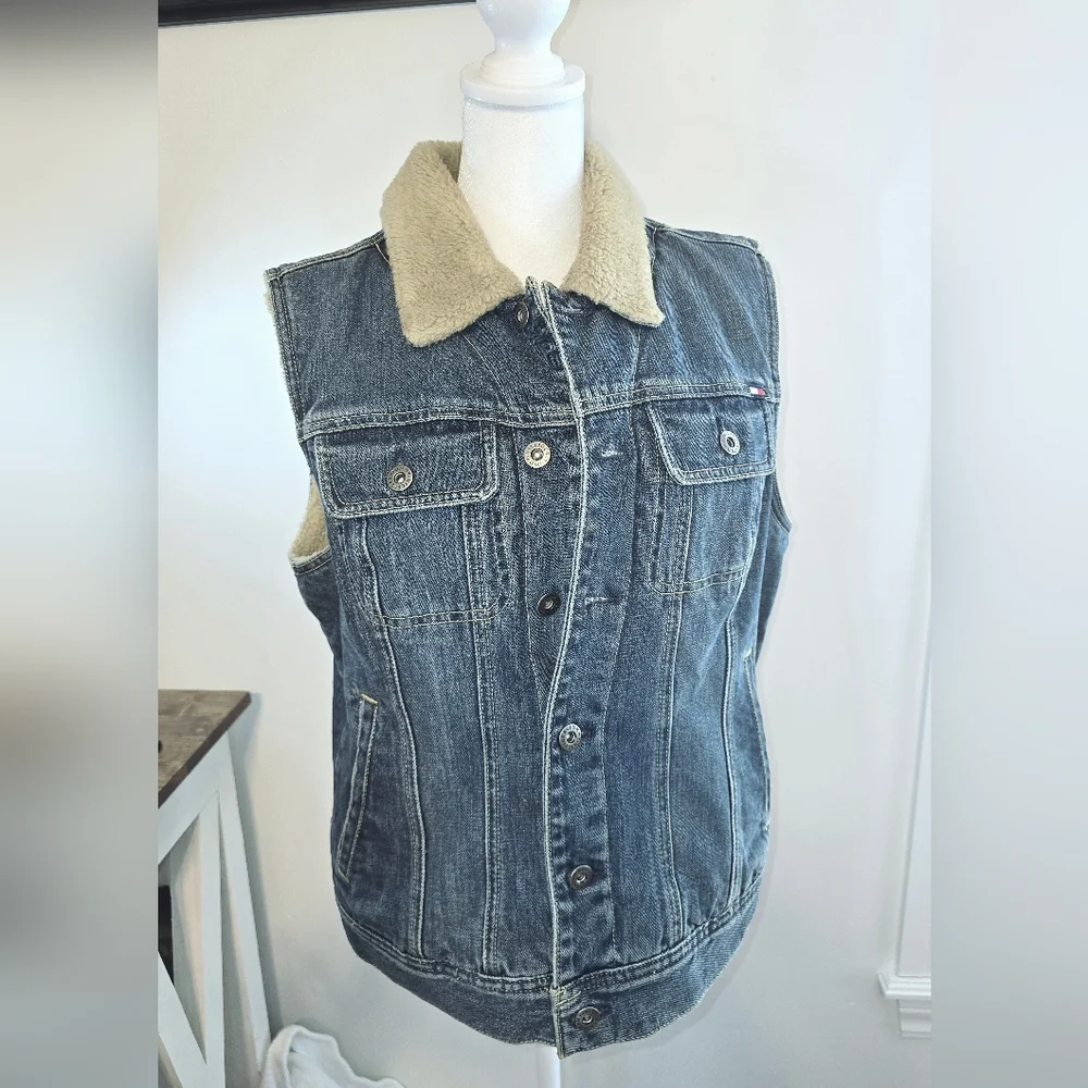 Tommy Hilfiger Y2K Sherpa-Lined Denim Vest Women's Size Large - Picture 2 of 10